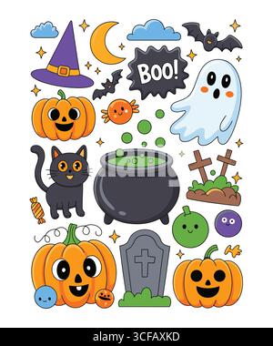 Niedliche Halloween-Aufkleber mit Hexe, Kürbissen und Geistern Stock Vektor