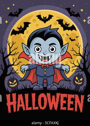 Niedliche Vampirjunge Halloween-Illustration mit Vollmond Stock Vektor
