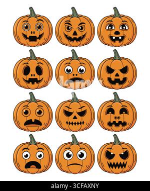 Sammlung von Halloween Jack-o’-Lantern Kürbissen mit verschiedenen Gesichtern Stock Vektor
