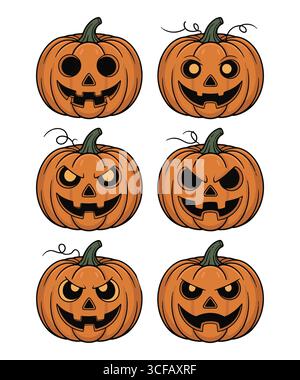 Sammlung von Halloween Jack-o’-Lantern Kürbissen mit verschiedenen Gesichtern Stock Vektor