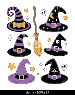 Halloween Hexenhüte, Besen und Schädel Dekor Stock Vektor