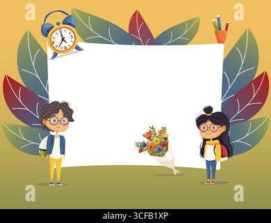 Schulrahmen mit Jungen, Mädchen, Blumenstrauß und Wecker Stock Vektor