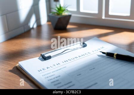 Ein Nahbild des Krankenversicherungsformulars auf einem Klemmbrett. Medizin- und Versicherungskonzept. Stockfoto