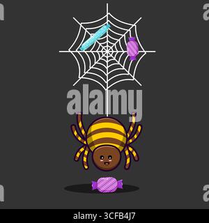 Niedliche Cartoon Spider mit Süßigkeiten und einem Web für Halloween Vektor Illustration Cartoon Design Stock Vektor