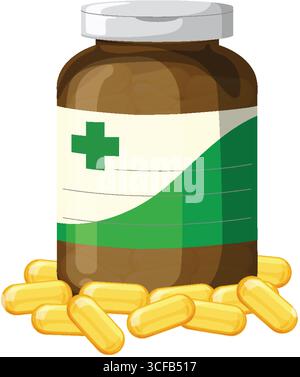 Vektor-Illustration einer braunen Arzneimittelflasche mit einem grünen Kreuzetikett und gelben Kapseln, flach, klare Linien, weißer Hintergrund Stock Vektor