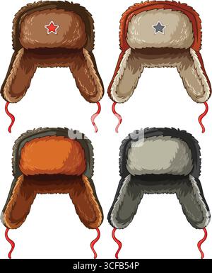 Vektor-Illustration von vier Uschanka-Hüten in verschiedenen Farben, detaillierte Pelztextur, Vorderansicht, isoliert auf weiß, mit roten Kinnbändern und Sternemblemen Stock Vektor