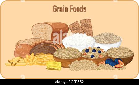 Vektor-Illustration von verschiedenen Getreideprodukten wie Brot, Nudeln, Reis und Haferflocken in Schüsseln, angeordnet auf einem hellen Hintergrund mit sanfter Schattierung Stock Vektor
