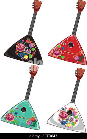 Vier Vektor-Balalaikas in Schwarz, Rot, Petrol und weiß, jede mit lebhaften floralen Folk-Motiven verziert, isoliert auf weißem Hintergrund Stock Vektor