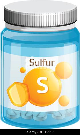 Transparente Kunststoffflasche mit metallischem Verschluss mit Schwefeltabletten, gekennzeichnet mit fettgedrucktem Text und molekularem Symbol in einem klaren, flachen Vektorstil Stock Vektor