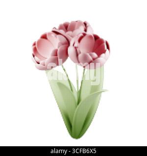 Vektorstrauß von drei rosa Tulpen mit grünen Blättern und Halbtonstruktur. Elegantes Blumendesign, das die Schönheit des Frühlings, Romantik und Natur repräsentiert Stock Vektor