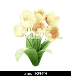 Vektorstrauß von gelben Tulpen mit grünen Blättern und Halbtonstruktur. Elegantes Blumendesign im Frühling, das Schönheit, Frische und Natur symbolisiert Stock Vektor