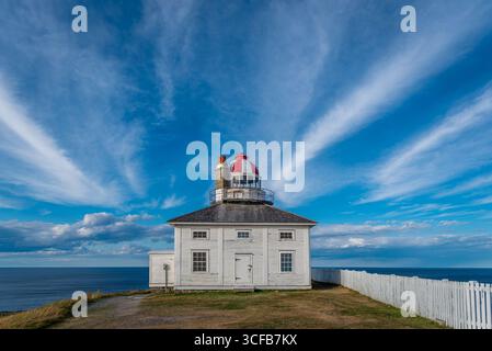 Cape Spear, Neufundland-Leuchtturm bei Sonnenuntergang mit einem dramatischen Himmel Stockfoto