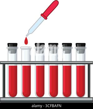 Vektor-Illustration von sechs mit Blut gefüllten Reagenzgläsern in einem Rack, mit einer Pipette, die einen Tropfen hinzufügt, mit klaren Linien und flachen Farben Stock Vektor