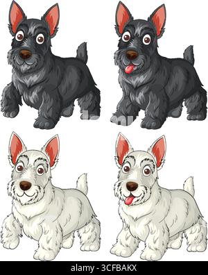 Vektor-Illustration von vier schottischen Terrier-Hunden, zwei schwarz und zwei weiß, in verspieltem Cartoon-Stil mit ausdrucksstarken Gesichtern und aufrechten Ohren Stock Vektor