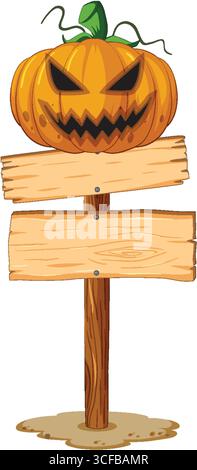 Vektor-Illustration eines geschnitzten Kürbis mit einem finsteren Gesicht auf einem leeren hölzernen Wegweiser, Zeichentrickstil, isoliert auf weißem Hintergrund Stock Vektor