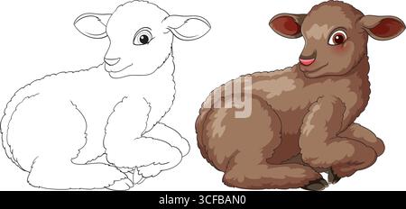 Vektor-Illustration eines braunen schottischen Lammes im Cartoon-Stil, sowohl farbig als auch als Umriss dargestellt, mit sanfter Schattierung und verspieltem Ausdruck Stock Vektor