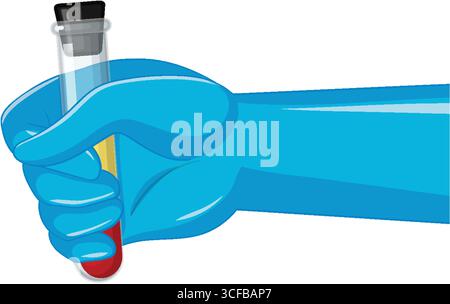 Vektor-Illustration einer blauen Hand, die ein mit einer Kappe versehenes Reagenzglas mit einer Blutprobe fasst, mit sauberen Linien und minimaler Schattierung Stock Vektor