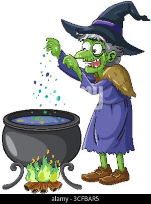 Eine skurrile Hexe in einem lila Gewand rührt einen sprudelnden Kessel mit grünem Trank über ein Feuer Stock Vektor