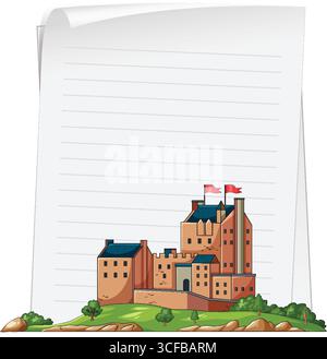 Vektor-Illustration einer mittelalterlichen Burg mit roten Fahnen auf einem grasbewachsenen Hügel, auf gefüttertem Notizpapier mit einem sauberen Cartoon-Stil gesetzt Stock Vektor