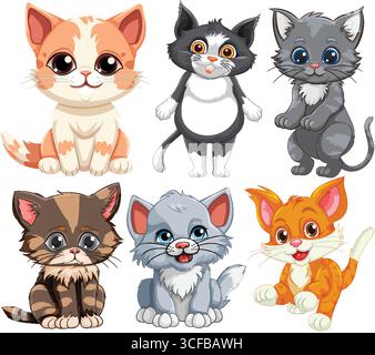 Sechs entzückende Cartoon-Kätzchen in verschiedenen Farben und Posen, illustriert in einem hellen, verspielten Vektor-Stil mit großen ausdrucksstarken Augen und sanften Schatten Stock Vektor