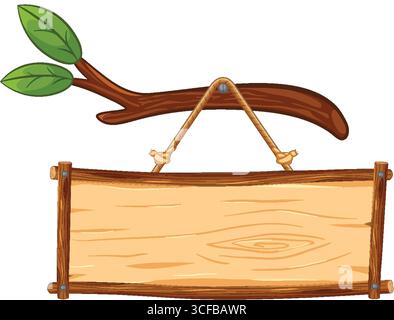 Vektor-Illustration eines leeren hölzernen Schildes, das an einem Baumzweig mit grünen Blättern hängt, mit klaren Linien und natürlicher Holzstruktur Stock Vektor