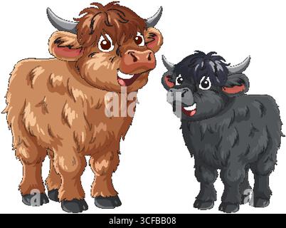 Zwei flauschige Cartoon-Highland-Kühe, eine braune und eine schwarze, stehen auf weißem Hintergrund in einem verspielten, farbenfrohen Vektorstil zusammen Stock Vektor