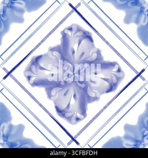 Aquarellflorales nahtloses Muster im mediterranen Stil, Nähte von alten Keramikfliesen in blauer Farbe. Loses abstraktes botanisches Motiv. Für Textilien Stockfoto