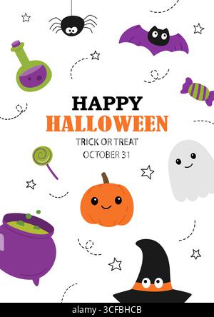 Happy halloween Grußkarte oder Party Einladung Vorlage Hintergrund. Halloween Illustration mit Fledermaus, Kürbis, Geist, Spinne, Hut, Kessel, Gift Stock Vektor