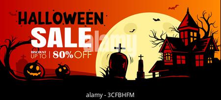 Halloween Sale Banner Vorlage Hintergrund. Halloween-Angebote Sonderrabatt mit Szenen von Spukhäusern, Gräbern, Monden, Fledermäusen und lustigem Kürbis. Stock Vektor
