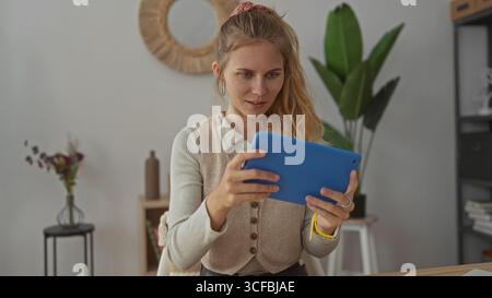 Die Frau greift ein Tablet, während sie in einem Zuhause spielt. Ihr blondes Haar, das zurückgebunden ist, bildet einen jungen, lächelnden Ausdruck, während sie Videospiele in einem i genießt Stockfoto
