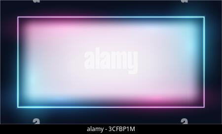 Futuristischer rechteckiger Neonrahmen mit rosa und blauem Farbverlauf auf dunklem Hintergrund schafft einen modernen digitalen Kunststil, ideal für Tech-Design, Display, Stock Vektor