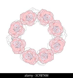 Kamelie Blumen Kreis Kranz Kamelie und Rosenblume Kopf für Frühling isoliert in weißem Hintergrund. Vektorrahmen für Karte oder Einladung Stock Vektor