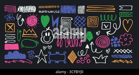 Handgezeichnete bunte Doodle-Elemente auf dunklem Hintergrund. Satz von Skizzenpfeilen, Herzen, Blumen, Sternen, Kritzeleien, und geometrische Formen. Stock Vektor