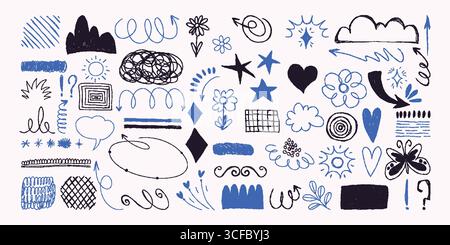Verspielte handgezeichnete Doodle-Elemente in Blau und Schwarz auf weißem Hintergrund. Vektorskizzen-Symbole einschließlich Blumen, Sterne, Herzen, Pfeile, Kritzeleien, und Stock Vektor
