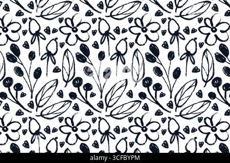 Hand gezeichnetes nahtloses Blumenmuster mit schwarzen Doodle Blumen, Blättern und Herzen auf weißem Hintergrund. Niedliches botanisches Skizzendesign für Stoff Stock Vektor