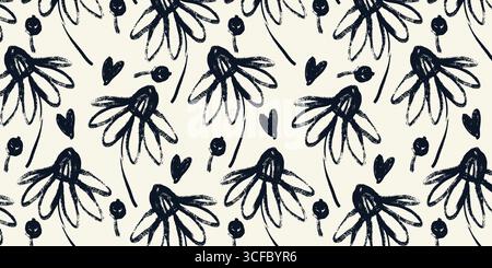 Abstraktes nahtloses Muster mit Hand gezeichneten Gänseblümchen-Blumen und Beeren in schwarzer Tinte auf beigem Hintergrund. Kunstvolles Doodle-Blumendesign für Textilien Stock Vektor
