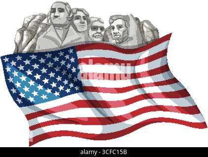 Vektor-Illustration des Mount Rushmore mit einer schwenkenden amerikanischen Flagge. Auffällige Farben und dynamische Komposition betonen den Nationalstolz Stock Vektor