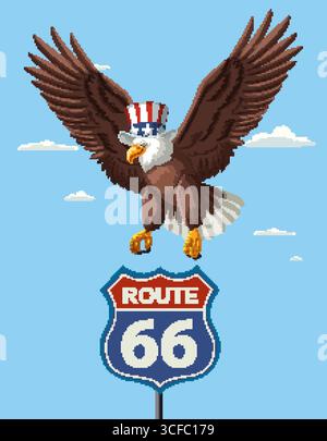 Vektor-Illustration eines Adlers mit patriotischem Hut, der über ein Route-66-Schild vor einem blauen Himmel fliegt Stock Vektor
