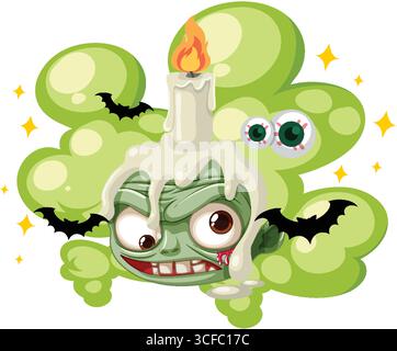 Cartoon-Zombie-Kopf mit einer schmelzenden Kerze auf der Oberseite, umgeben von grünem Rauch, Fledermäusen, schwimmenden Augäpfeln und funkelnden Sternen im Vektorstil Stock Vektor