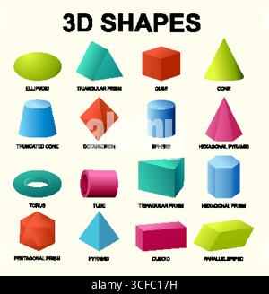 Lebendige Vektorillustration verschiedener geometrischer 3D-Formen mit unterschiedlichen Farben und Schatten, die Bildungs- und Designelemente hervorheben Stock Vektor
