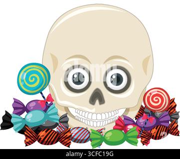 Vektor-Illustration eines breiten Augen-Cartoon-Schädels hinter verschiedenen gewickelten Bonbons und Lutschs, mit auffälligen Umrissen und lebhaften Farben auf weißem Hintergrund Stock Vektor