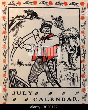 Maisernte und Heuhaufen bauen – aus einem englischen Kalender von 1908 Stockfoto