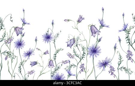 Nahtloser horizontaler Rand oder Banner mit violetten und blauen Wildblumen. Handgezeichnete Aquarellillustration auf isoliertem Hintergrund. Sommerblumen Stockfoto