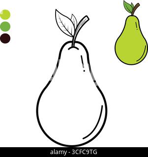 Einfache Vektorlinien-Kunst-Illustration einer Birne mit Stiel und Blättern, dargestellt als druckbare Ausmalseite mit Farbvorschlagsmuster. Stock Vektor