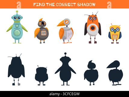 Vektor-Lernspiel für Kinder. Ordnen Sie Robotervögel mit ihren richtigen Schatten zu. Vorlage für Schulungszwecke. Unterhaltsame Aktivität für Kinder. Bildung druckbar Stock Vektor