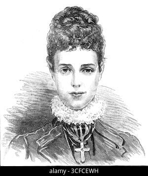 Die neue Kaiserin von Russland, 1881. Gravur von einem Foto von Maull und Fox. "...wir geben ein neues Porträt [von der Gemahlin des heutigen Kaisers Alexander III.], der Kaiserin Marie Fjodorowna, die Prinzessin Dagmar von Dänemark war, Schwester unserer Prinzessin von Wales... der Kaiser ist sechsunddreißig Jahre alt, und der Kaiserin dreißig; sie sind vierzehn Jahre verheiratet und haben vier Kinder." Aus Illustrated London News, 1881. Stockfoto