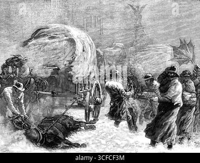 Fleet-Street während des Schneesturms am Dienstagabend, 18. Januar 1881. "Der große Sturm wird lange in Erinnerung bleiben... nicht vor vielen Jahren hat der südliche Teil Großbritanniens einen winterlichen Sturm gespürt, der in Gewalt und langer Dauer mit dem der letzten Woche verglichen werden sollte. In ganz London, während der ganzen Montagnacht, wehte der Wind einen perfekten Hurrikan und setzte sich fort, den ganzen nächsten Tag... der Schnee fiel weiter, er wurde vom Ostwind getrieben, der sich in Drifts und Kränze durchsetzte, besonders in den Vororten, wo er stellenweise bis zu einer Tiefe von drei oder vier Fuß lag... bis Mittag eine Menge s Stockfoto