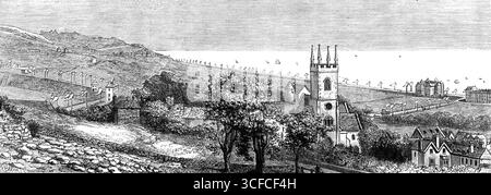 Verbesserungen an der Küste von Kentisch: Blick von Hythe nach Osten bis Sandgate, 1881. Gravur einer Skizze von Major A. Moberly. Die Hythe and Sandgate Embankment, oder die Hythe Marine Parade, die zu den Attraktionen dieses schönen Badeortes beiträgt, hat zweieinhalb Jahre in ihrem Bau verbracht. Sir John Coode war der beratende Ingenieur, Mr. H. B. James der Konstrukteur, und Mr. H. D. Good der Ingenieur für die Aufsicht während der Operationen. Die Mauer, die aus Beton mit Kentisch-Lappen bedeckt ist, und in Abständen von 20 Fuß durch verstärkt wurde Stockfoto