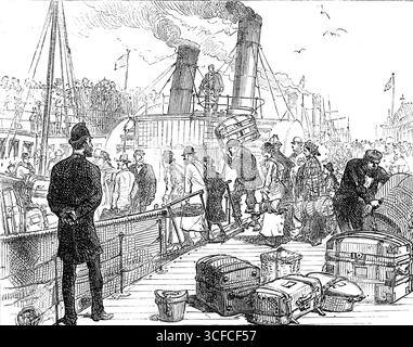 Abfahrt eines Cunard-Dampfers aus Liverpool: An Bord des Tenders, 1881. "Die Taxis und andere Fahrzeuge, mit ängstlichen Menschen im Inneren und mit Gepäckstapeln auf dem Dach, fahren ständig bis zum Eingang der Landestege am Kai von Mersey, wo die Passagiere jetzt an Bord des Beifahrers gehen müssen, von dem sie bald zum edlen Dampfschiff Cunard befördert werden, das mitten im Fluss liegt. Sie werden bei ihrer Ankunft an Bord des Schiffes von einem ihrer höflichen und aufmerksamen Offiziere empfangen und zu ihren jeweiligen Liegeplätzen geleitet, um jederzeit Hilfe zu erhalten Stockfoto