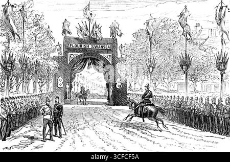 Der königliche Besuch in Swansea: Der Bogen in der Walter-Road, 1881. "Ihre Königlichen Hoheiten, der Prinz und die Prinzessin von Wales, haben diese Woche die Stadt Swansea besucht, anlässlich der Eröffnung des neu errichteten East Dock für die Unterbringung einer größeren Klasse von Dampfschiffen in diesem aufsteigenden Handelshafen... unsere heute zur Verfügung gestellten Abbildungen zeigen mehrere Vorfälle der Prozession am Dienstag, die ihre Königlichen Hoheiten durch die Stadt führte, die über die Walter-Road einging." Aus Illustrated London News, 1881. Stockfoto